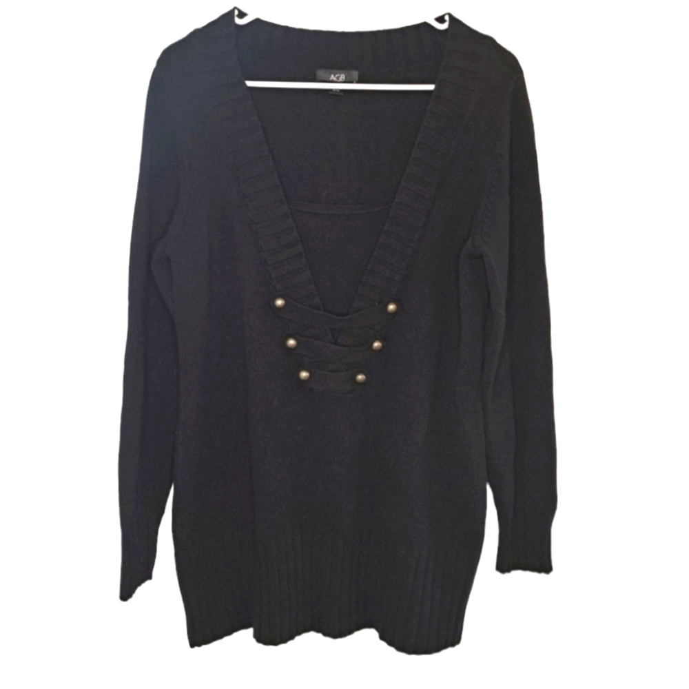 AGB Black V Neck Lace Up Neck Sweater Size Large